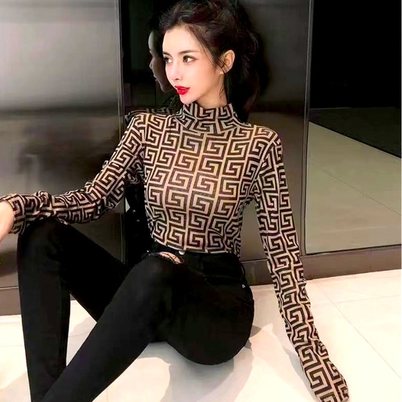 Tops - NWOT! Geometric Patterned Black and Nude mesh Women's Top
